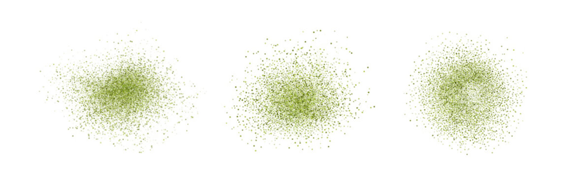 Green matcha tea powder splash on white background, top view, isolated dust texture.