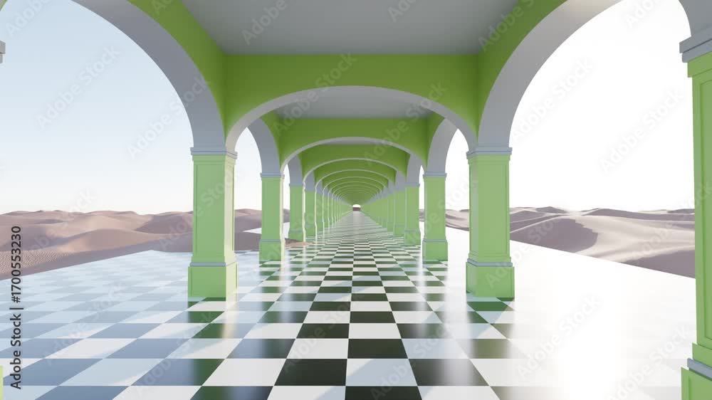 Poster 3d colonnade with black-and-white checkered floor and green columns standing in desert creates surre