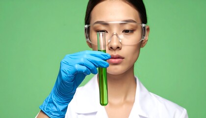 Woman in lab coat examines test tube