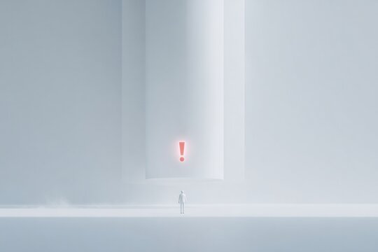 Minimalist scene featuring small figure near towering structures