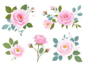 Set of floral branch. Flower pink rose, green leaves. Wedding concept with flowers. F