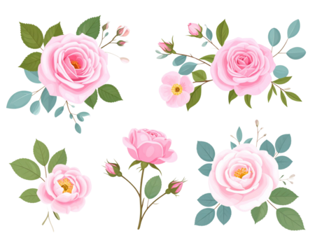 Set of floral branch. Flower pink rose, green leaves. Wedding concept with flowers. F