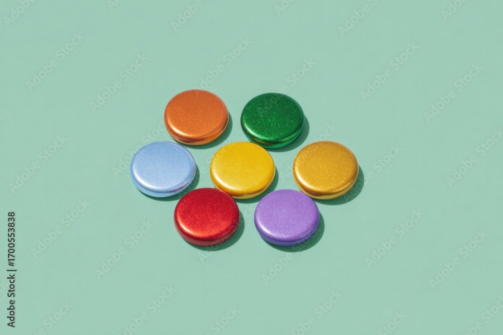 Poster colorful buttons arranged in circular pattern on pastel backgrou