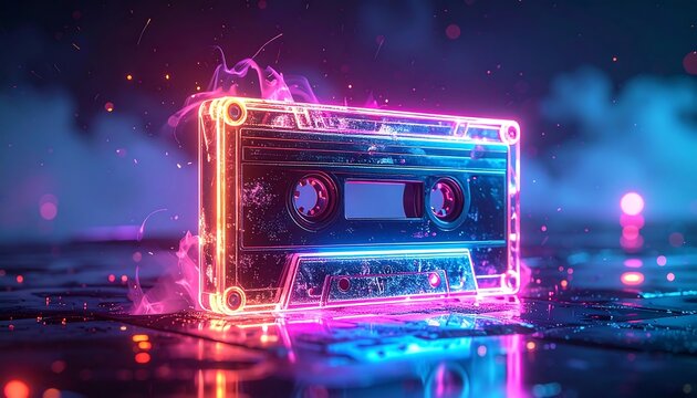 vintage Cassette Tape Glows Vibrant Neon Pink Blue Light , evoking a Nostalgic