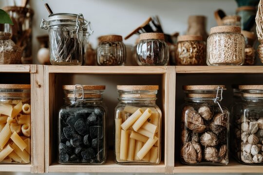 Wooden shelves filled with glass jars of various dried foods