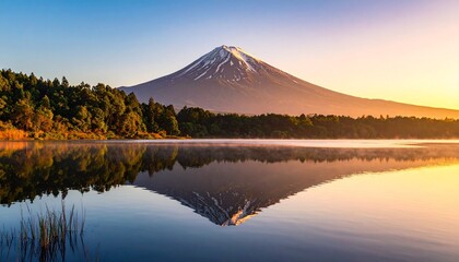 Mount Fuji at sunrise with birds in flight and golden reflections on calm water, evoking tranquility, cultural reverence, and the poetic symmetry of nature.