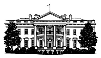 The White House Building Black and White Outline Line Art Drawing Vintage Engraving Style United States Government Symbol