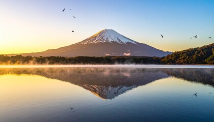 Mount Fuji at sunrise with birds in flight and golden reflections on calm water, evoking tranquility, cultural reverence, and the poetic symmetry of nature.