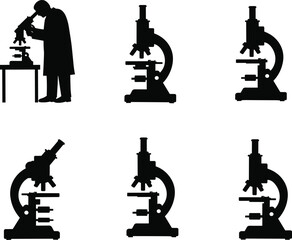 Microscope silhouette set featuring scientific observation, lab posture, and research tools for education, medical design, and merch use