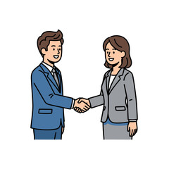 Minimal vector illustration of a smiling man and woman in business attire shaking hands, symbolizing partnership and agreement, in a flat 2D design with a 3-color palette, isolated on white.
