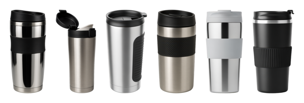 Stainless steel travel mug set including various designs, black and grey grips, and open lid isolated. Hot and cold beverage drinkware collection.