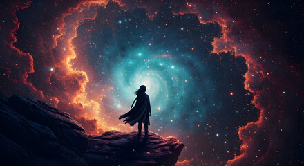 Silhouette of person standing near glowing cosmic portal with pixelated plasma haze swirling inside the entrance of infinite galaxies and nebula