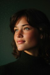 Soft lighting highlights serene expression, capturing thoughtful