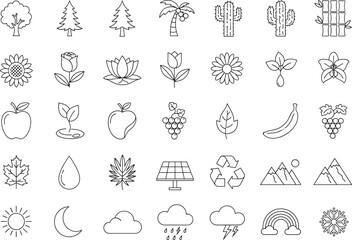 Nature icon set, environment symbols, tree, flower, fruit, weather, eco line art, black and white, minimal, educational design