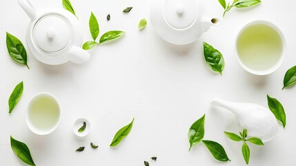 A serene flat lay arrangement featuring a white teapot and cups filled with green tea, complemented by fresh tea leaves on a light grey surface, ideal for menu design