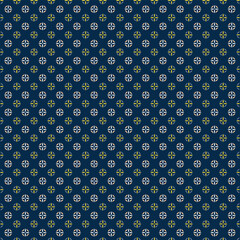 Small white flowers pattern doodle shapes motif continuous classic blue background. Modern floral fabric design textile swatch ladies dress, men's shirt all over print block.