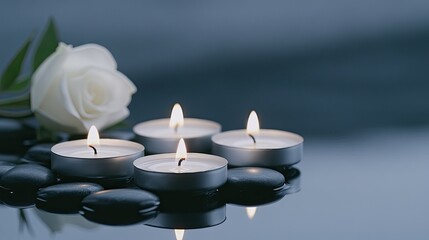 Softly glowing candles surrounded by red and white roses resting on polished black stones create a tranquil spa atmosphere ideal for beauty and relaxation
