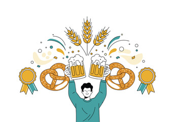 Man holding two mugs of beer with pretzels and wheat ears illustration