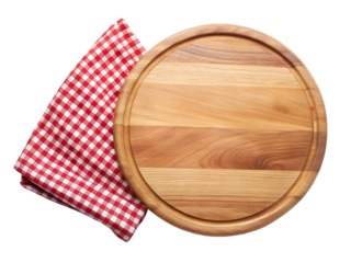Round wooden cutting board with a red and white checkered napkin, isolated on transparent background