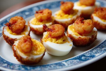 Crispy, golden-crusted deviled eggs topped with fried shrimp