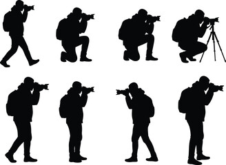Photographer silhouette illustration set featuring walking, kneeling, squatting, and tripod poses with camera and backpack for design and merch