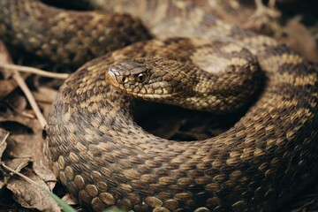 Obraz premium Coiled serpent blends with earthy tones, showcasing intricate sc