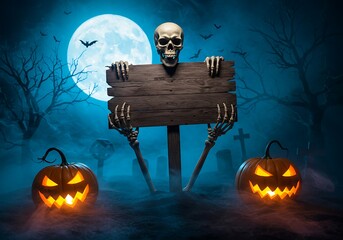 A skeletal figure holds a blank wooden sign in a spooky Halloween graveyard scene, illuminated by a full moon.