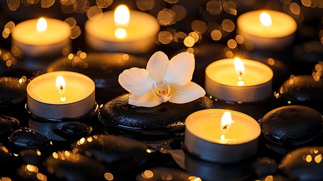 Delicate white orchids rest on smooth black stones alongside a softly flickering candle, surrounded by glistening water droplets, conveying a tranquil spa vibe