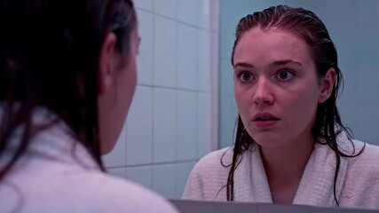 Woman in robe gazing at mirror with wet hair in bathroom reflection