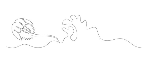Marine armored horseshoe crab and waves, continuous drawing in one line, minimalism, abstraction, xiphosurida, biological oceanography, one line. Editable vector contour