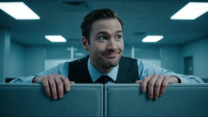 Curious office worker peeking over cubicle wall in modern workspace