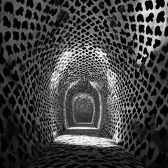 Dark tunnel with patterned walls