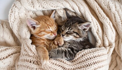 Two kittens cuddling under a warm blanket
