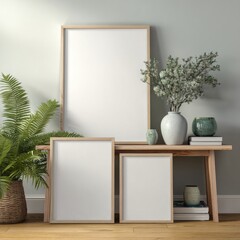 Three framed prints on a wooden console table, with plants and vases