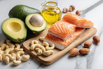 Fresh, healthy foods arranged on a marble surface. Avocados, salmon fillets, nuts, and oil are showcased