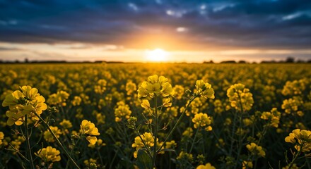 Obraz premium Vibrant Sunset Over Golden Field of Yellow Flowers