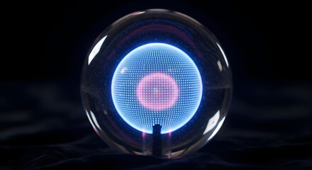Neon futuristic glowing orb core with grid lines, illuminated by pixelated plasma haze in a surreal digital sci fi black background