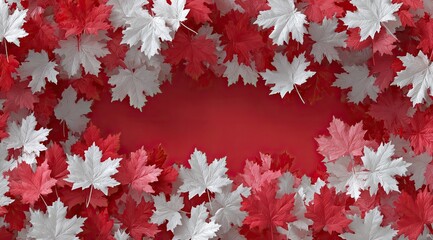 Red and white maple leaves frame a red background