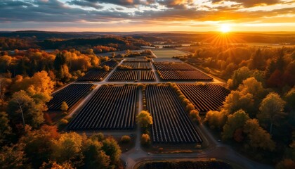 A crypto-mining farm amidst an autumn landscape with colorful leaves and a vibrant sunset