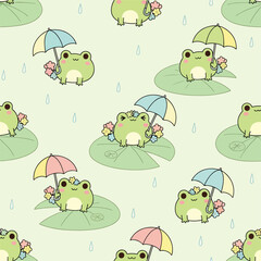 Obraz premium Seamless pattern featuring charming frogs with umbrellas and floral accents in pastel shades, seamless pattern, royalty free stock.