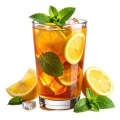 Freshly prepared iced lemon tea in a clear glass with condensation, mint leaves on a transparent background