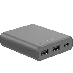 Fototapeta premium PNG einer schlanken Powerbank, rechteckig, grau, mit USB-Anschlüssen.