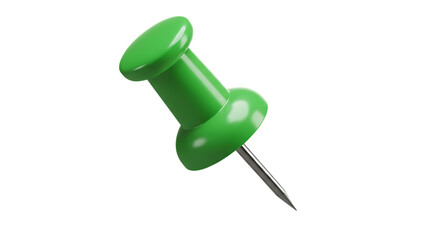 A single bright green thumbtack with a sharp metal point is positioned diagonally against a stark white background isolated on white background