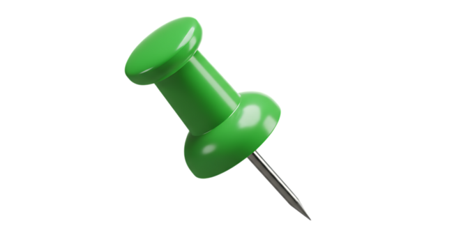 A single bright green thumbtack with a sharp metal point is positioned diagonally against a stark white background isolated on white background