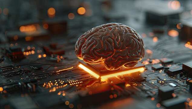 Human brain atop circuit board, glowing