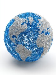 Global network sphere.  3D model of Earth, rendered with a network of interconnected blue lines, superimposed on a light gray map.  Sphere floats on a plain white background