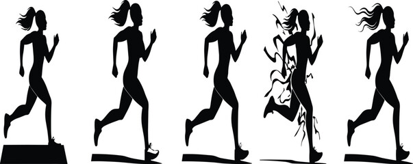 Runner transformation silhouette set featuring motion progression, energy burst effects, and dynamic poses for sports, superhero, and merch design
