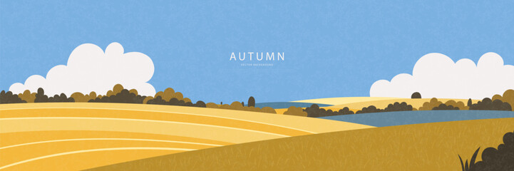 Minimalistic autumn web banner featuring panoramic rural landscape with golden fields and rolling hills. Designed in a calm, flat style with a light paper grain texture, perfect for a website header