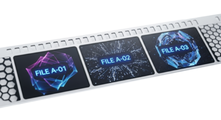Sleek, polished digital data strip with three frames displaying vibrant abstract geometric patterns and 'FILE A-01' text, on a transparent background, concept of futuristic data archiving