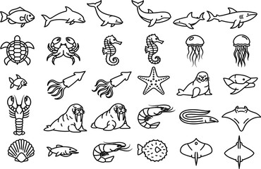 Sea creature icon set, black line style, marine animal symbols, vector illustration, ocean graphics, underwater wildlife pack, aquatic design bundle